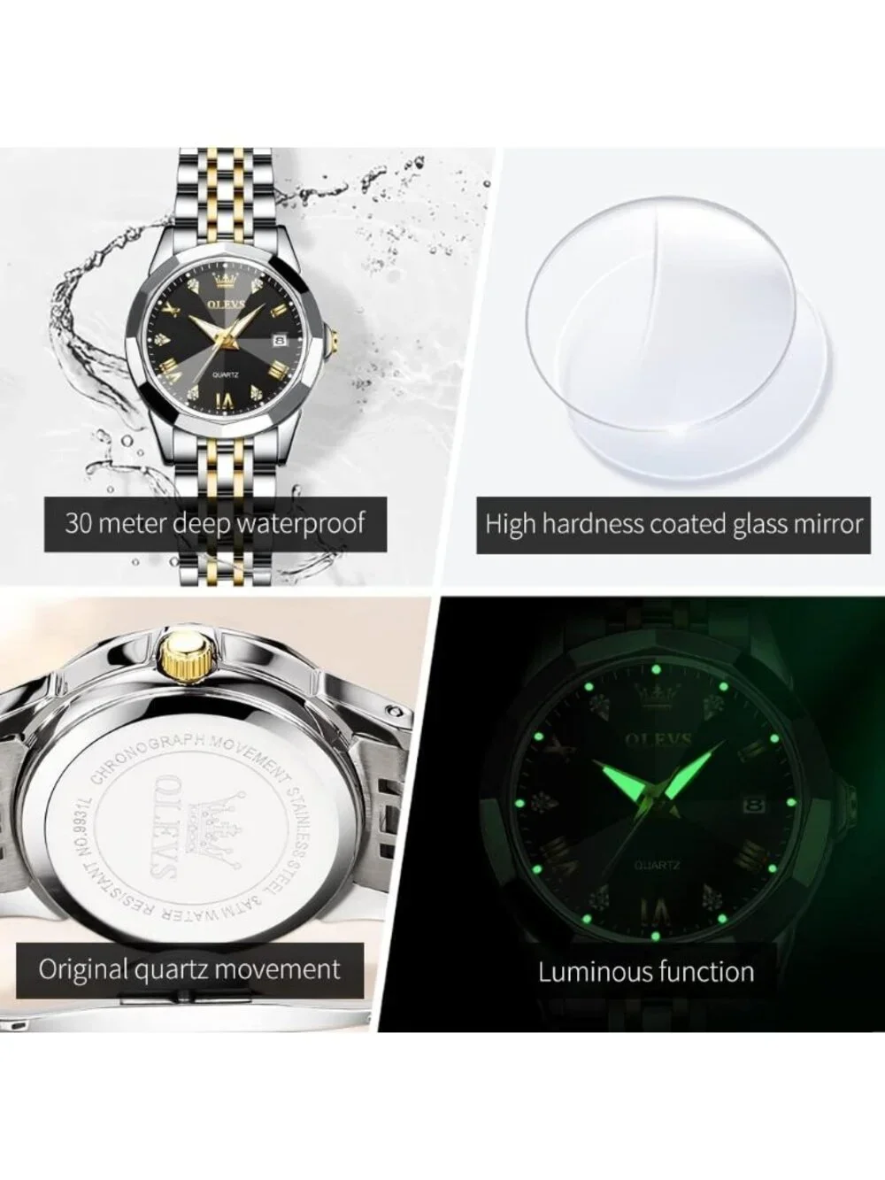 Women's Black Gold Silver Diamond Analog Stainless Steel Waterproof Wrist Watch